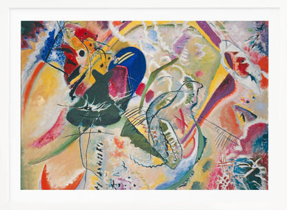 A vibrant and chaotic abstract painting by Wassily Kandinsky, presented in a silver frame. The artwork is a whirlwind of bold colors like yellow, blue, red, and green, with dynamic, intersecting black lines and a variety of shapes creating a sense of energetic movement. Print