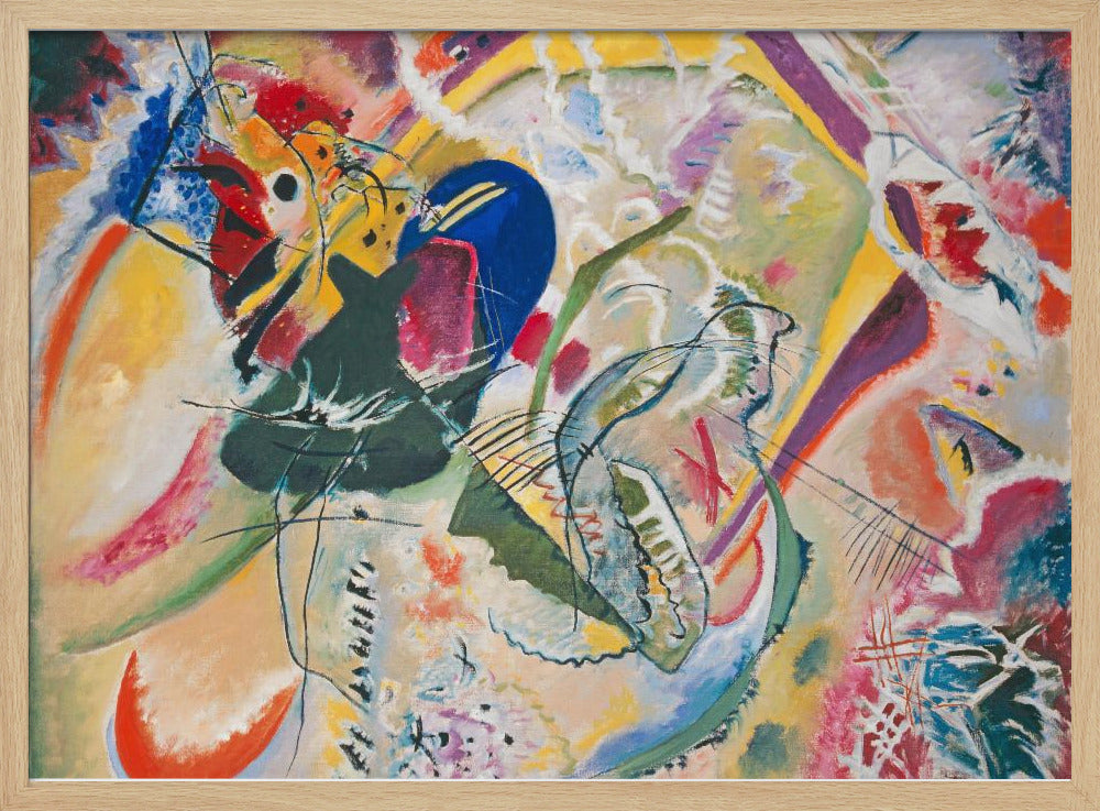A vibrant and chaotic abstract painting by Wassily Kandinsky, presented in a silver frame. The artwork is a whirlwind of bold colors like yellow, blue, red, and green, with dynamic, intersecting black lines and a variety of shapes creating a sense of energetic movement. Print