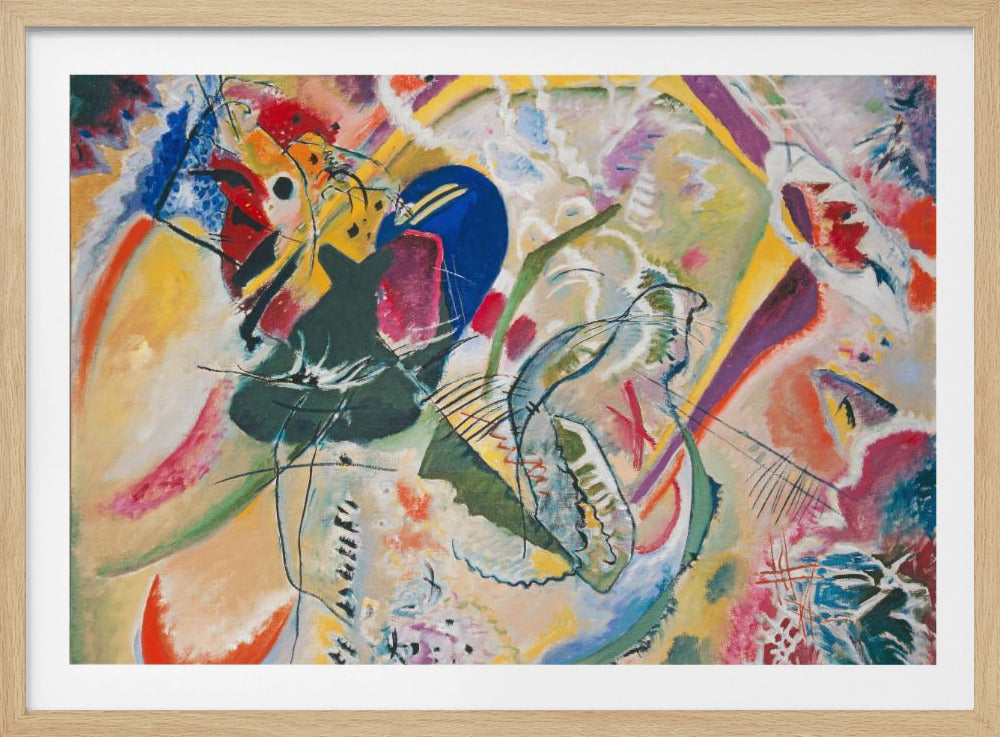 A vibrant and chaotic abstract painting by Wassily Kandinsky, presented in a silver frame. The artwork is a whirlwind of bold colors like yellow, blue, red, and green, with dynamic, intersecting black lines and a variety of shapes creating a sense of energetic movement. Print