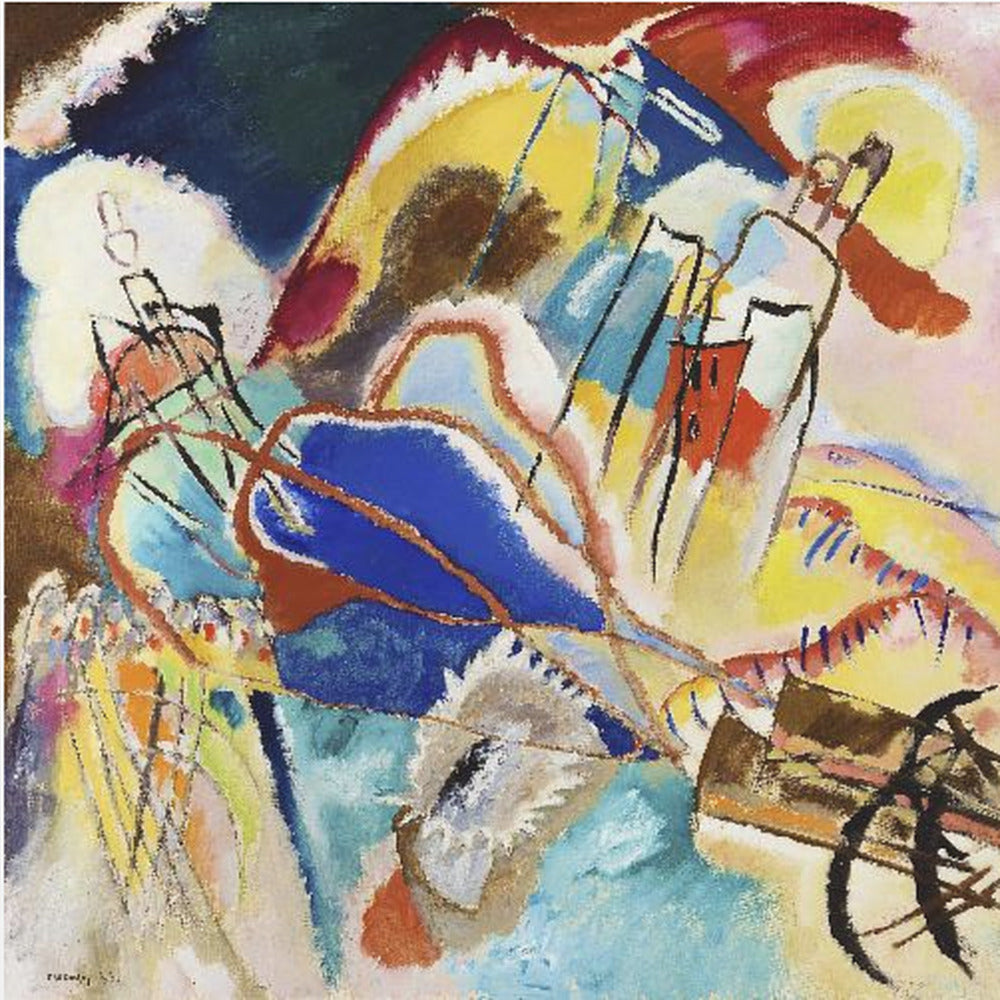 An abstract painting by Wassily Kandinsky titled 'Improvisation 31 (Sea Battle)' in a light wood frame. The composition is a chaotic explosion of vibrant colors, dominated by large areas of deep blue, bright yellow, and red. Dynamic black lines and abstract shapes swirl across the canvas, suggesting motion and energy. Print