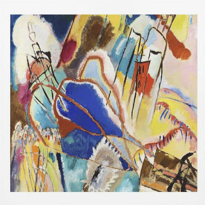 An abstract painting by Wassily Kandinsky titled 'Improvisation 31 (Sea Battle)' in a light wood frame. The composition is a chaotic explosion of vibrant colors, dominated by large areas of deep blue, bright yellow, and red. Dynamic black lines and abstract shapes swirl across the canvas, suggesting motion and energy. Print