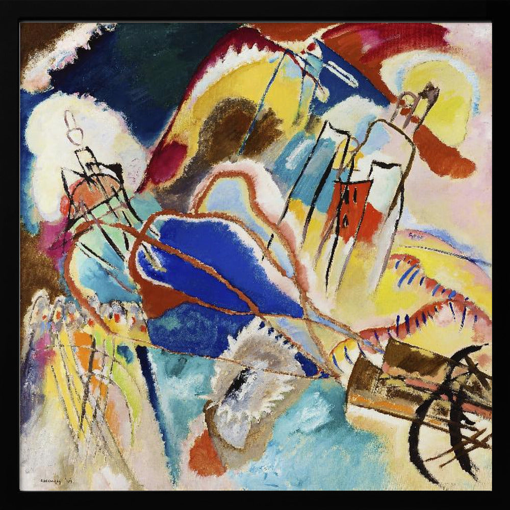 An abstract painting by Wassily Kandinsky titled 'Improvisation 31 (Sea Battle)' in a light wood frame. The composition is a chaotic explosion of vibrant colors, dominated by large areas of deep blue, bright yellow, and red. Dynamic black lines and abstract shapes swirl across the canvas, suggesting motion and energy. Print