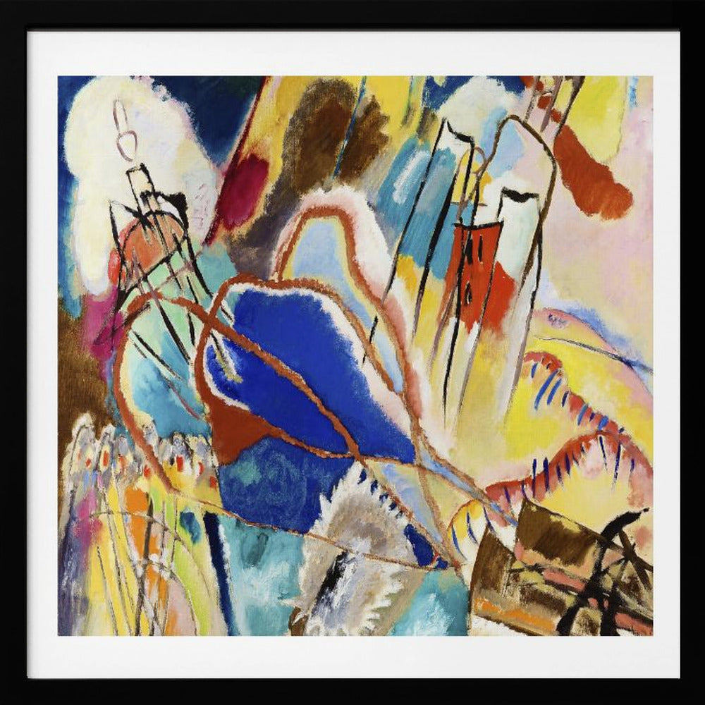 An abstract painting by Wassily Kandinsky titled 'Improvisation 31 (Sea Battle)' in a light wood frame. The composition is a chaotic explosion of vibrant colors, dominated by large areas of deep blue, bright yellow, and red. Dynamic black lines and abstract shapes swirl across the canvas, suggesting motion and energy. Print
