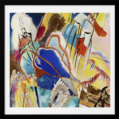 An abstract painting by Wassily Kandinsky titled 'Improvisation 31 (Sea Battle)' in a light wood frame. The composition is a chaotic explosion of vibrant colors, dominated by large areas of deep blue, bright yellow, and red. Dynamic black lines and abstract shapes swirl across the canvas, suggesting motion and energy. Print