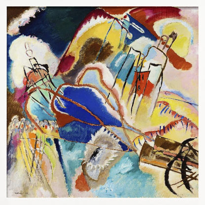 An abstract painting by Wassily Kandinsky titled 'Improvisation 31 (Sea Battle)' in a light wood frame. The composition is a chaotic explosion of vibrant colors, dominated by large areas of deep blue, bright yellow, and red. Dynamic black lines and abstract shapes swirl across the canvas, suggesting motion and energy. Print