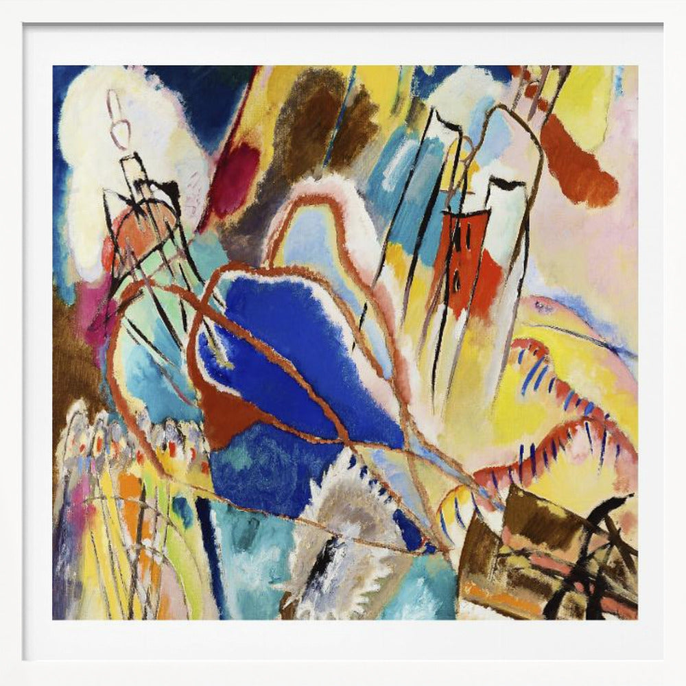 An abstract painting by Wassily Kandinsky titled 'Improvisation 31 (Sea Battle)' in a light wood frame. The composition is a chaotic explosion of vibrant colors, dominated by large areas of deep blue, bright yellow, and red. Dynamic black lines and abstract shapes swirl across the canvas, suggesting motion and energy. Print