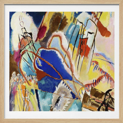 An abstract painting by Wassily Kandinsky titled 'Improvisation 31 (Sea Battle)' in a light wood frame. The composition is a chaotic explosion of vibrant colors, dominated by large areas of deep blue, bright yellow, and red. Dynamic black lines and abstract shapes swirl across the canvas, suggesting motion and energy. Print