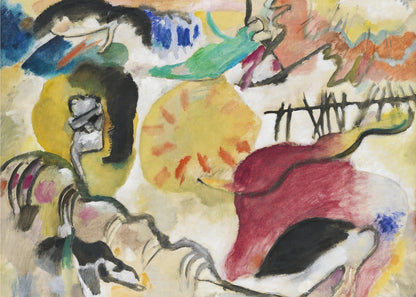 An abstract painting by Wassily Kandinsky, featuring a dynamic composition of vibrant yellow, red, blue, and green shapes, with bold black lines and forms on a cream-colored background, all encased in a silver frame. Wall Art