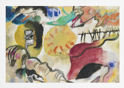 An abstract painting by Wassily Kandinsky, featuring a dynamic composition of vibrant yellow, red, blue, and green shapes, with bold black lines and forms on a cream-colored background, all encased in a silver frame. Wall Art