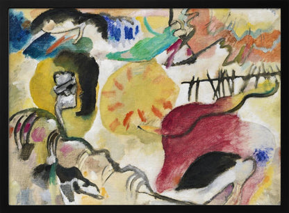 An abstract painting by Wassily Kandinsky, featuring a dynamic composition of vibrant yellow, red, blue, and green shapes, with bold black lines and forms on a cream-colored background, all encased in a silver frame. Wall Art