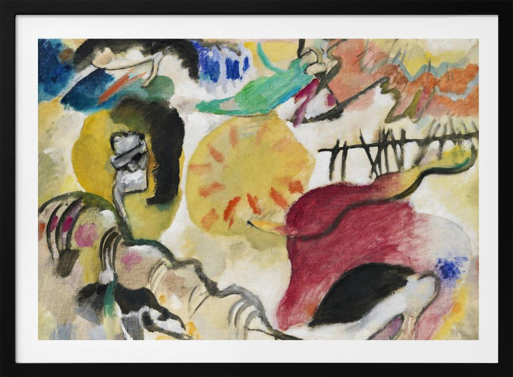 An abstract painting by Wassily Kandinsky, featuring a dynamic composition of vibrant yellow, red, blue, and green shapes, with bold black lines and forms on a cream-colored background, all encased in a silver frame. Wall Art