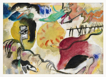 An abstract painting by Wassily Kandinsky, featuring a dynamic composition of vibrant yellow, red, blue, and green shapes, with bold black lines and forms on a cream-colored background, all encased in a silver frame. Wall Art