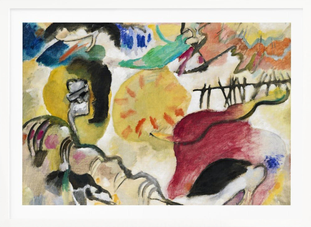 An abstract painting by Wassily Kandinsky, featuring a dynamic composition of vibrant yellow, red, blue, and green shapes, with bold black lines and forms on a cream-colored background, all encased in a silver frame. Wall Art
