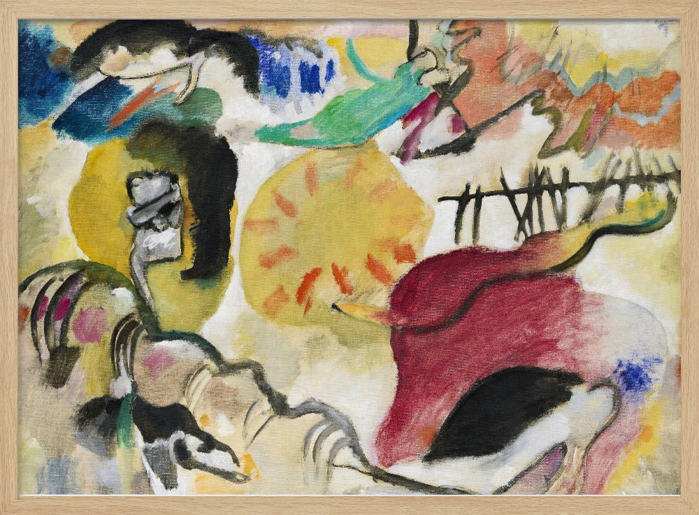 An abstract painting by Wassily Kandinsky, featuring a dynamic composition of vibrant yellow, red, blue, and green shapes, with bold black lines and forms on a cream-colored background, all encased in a silver frame. Wall Art