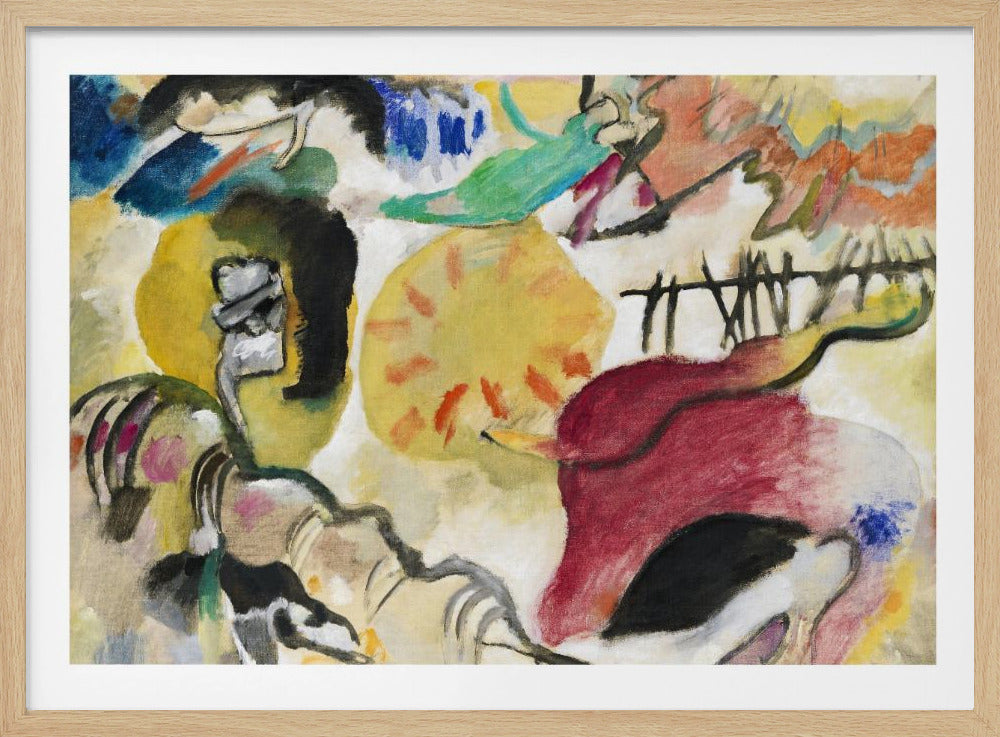 An abstract painting by Wassily Kandinsky, featuring a dynamic composition of vibrant yellow, red, blue, and green shapes, with bold black lines and forms on a cream-colored background, all encased in a silver frame. Wall Art