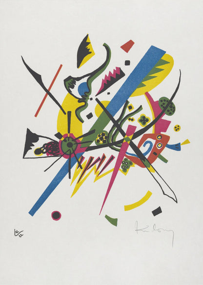 An abstract lithograph by Wassily Kandinsky featuring a dynamic composition of colorful geometric and biomorphic shapes on a white background. Bold lines in blue, magenta, and black intersect with areas of bright yellow, green, and red, creating a sense of vibrant energy. Poster