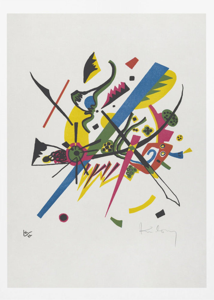 An abstract lithograph by Wassily Kandinsky featuring a dynamic composition of colorful geometric and biomorphic shapes on a white background. Bold lines in blue, magenta, and black intersect with areas of bright yellow, green, and red, creating a sense of vibrant energy. Poster