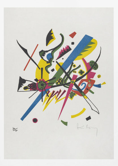 An abstract lithograph by Wassily Kandinsky featuring a dynamic composition of colorful geometric and biomorphic shapes on a white background. Bold lines in blue, magenta, and black intersect with areas of bright yellow, green, and red, creating a sense of vibrant energy. Poster