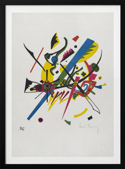 An abstract lithograph by Wassily Kandinsky featuring a dynamic composition of colorful geometric and biomorphic shapes on a white background. Bold lines in blue, magenta, and black intersect with areas of bright yellow, green, and red, creating a sense of vibrant energy. Poster