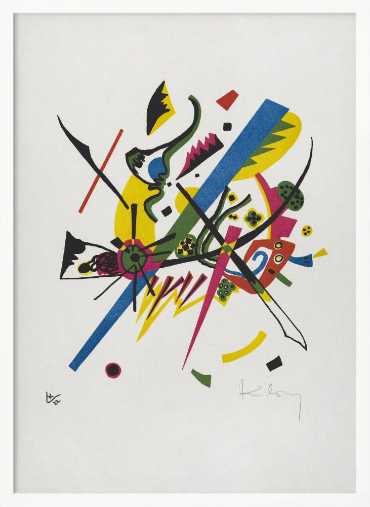 An abstract lithograph by Wassily Kandinsky featuring a dynamic composition of colorful geometric and biomorphic shapes on a white background. Bold lines in blue, magenta, and black intersect with areas of bright yellow, green, and red, creating a sense of vibrant energy. Poster