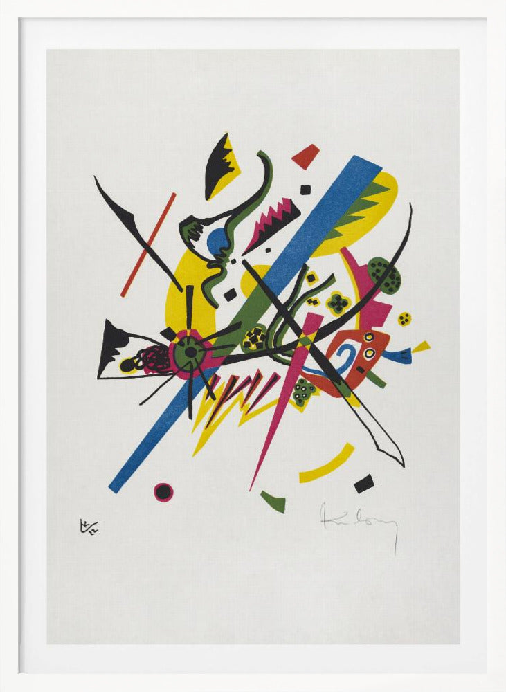 An abstract lithograph by Wassily Kandinsky featuring a dynamic composition of colorful geometric and biomorphic shapes on a white background. Bold lines in blue, magenta, and black intersect with areas of bright yellow, green, and red, creating a sense of vibrant energy. Poster