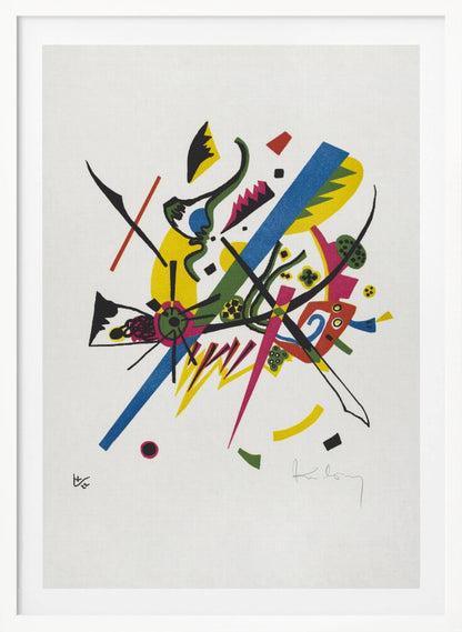An abstract lithograph by Wassily Kandinsky featuring a dynamic composition of colorful geometric and biomorphic shapes on a white background. Bold lines in blue, magenta, and black intersect with areas of bright yellow, green, and red, creating a sense of vibrant energy. Poster