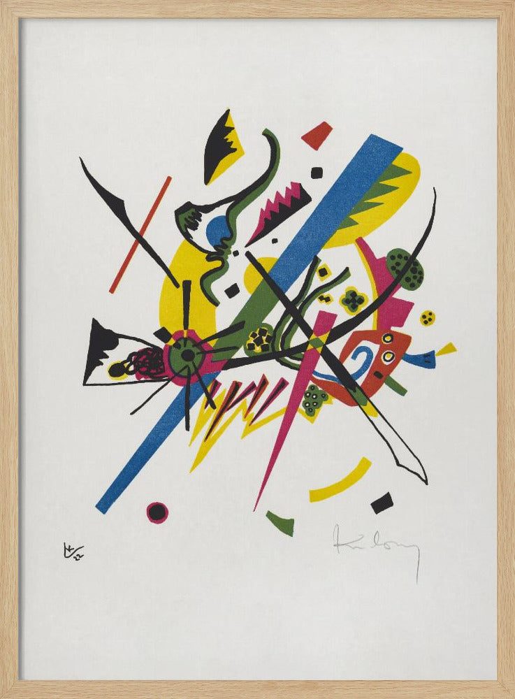An abstract lithograph by Wassily Kandinsky featuring a dynamic composition of colorful geometric and biomorphic shapes on a white background. Bold lines in blue, magenta, and black intersect with areas of bright yellow, green, and red, creating a sense of vibrant energy. Poster