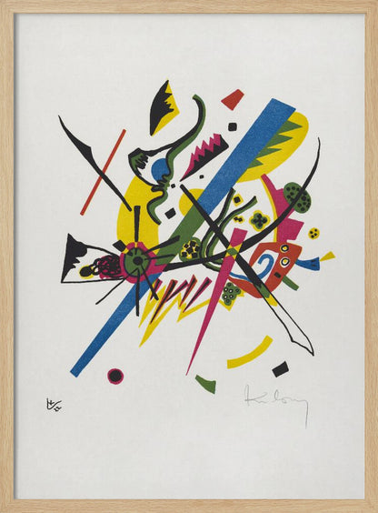 An abstract lithograph by Wassily Kandinsky featuring a dynamic composition of colorful geometric and biomorphic shapes on a white background. Bold lines in blue, magenta, and black intersect with areas of bright yellow, green, and red, creating a sense of vibrant energy. Poster