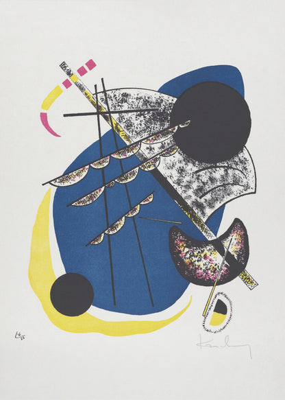 An abstract lithograph by Wassily Kandinsky in a black frame. The composition on a white background features a large central blue shape, a prominent black circle, and intersecting black lines. Accents of yellow, magenta, and speckled textures add complexity to the dynamic arrangement of geometric and organic forms. Decor