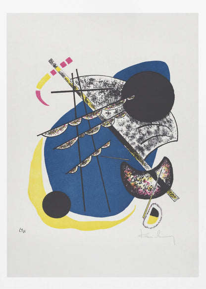 An abstract lithograph by Wassily Kandinsky in a black frame. The composition on a white background features a large central blue shape, a prominent black circle, and intersecting black lines. Accents of yellow, magenta, and speckled textures add complexity to the dynamic arrangement of geometric and organic forms. Decor