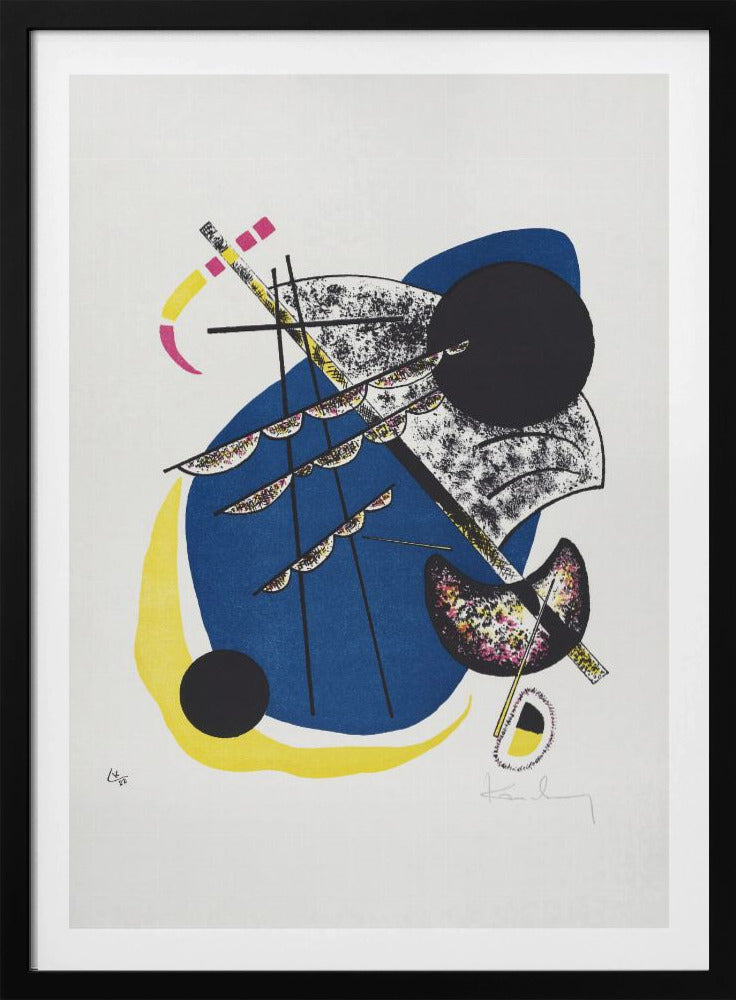 An abstract lithograph by Wassily Kandinsky in a black frame. The composition on a white background features a large central blue shape, a prominent black circle, and intersecting black lines. Accents of yellow, magenta, and speckled textures add complexity to the dynamic arrangement of geometric and organic forms. Decor