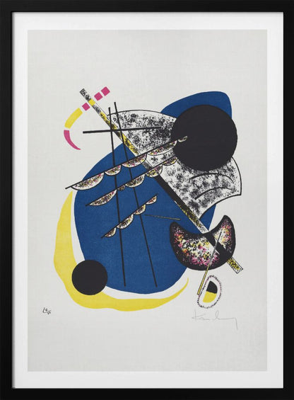 An abstract lithograph by Wassily Kandinsky in a black frame. The composition on a white background features a large central blue shape, a prominent black circle, and intersecting black lines. Accents of yellow, magenta, and speckled textures add complexity to the dynamic arrangement of geometric and organic forms. Decor