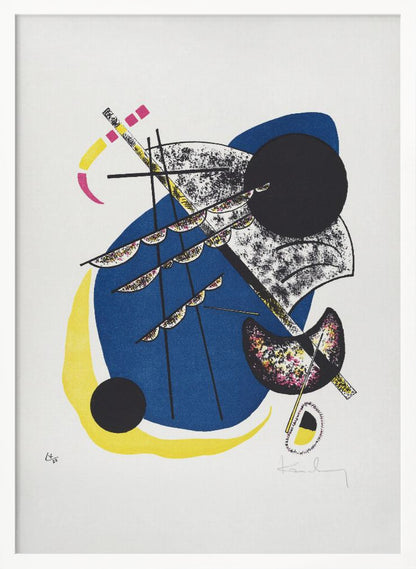 An abstract lithograph by Wassily Kandinsky in a black frame. The composition on a white background features a large central blue shape, a prominent black circle, and intersecting black lines. Accents of yellow, magenta, and speckled textures add complexity to the dynamic arrangement of geometric and organic forms. Decor