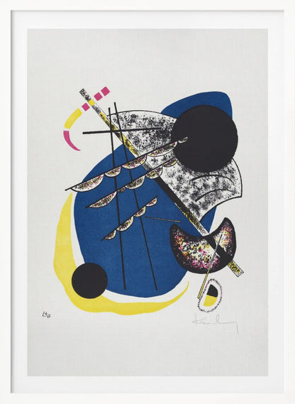 An abstract lithograph by Wassily Kandinsky in a black frame. The composition on a white background features a large central blue shape, a prominent black circle, and intersecting black lines. Accents of yellow, magenta, and speckled textures add complexity to the dynamic arrangement of geometric and organic forms. Decor