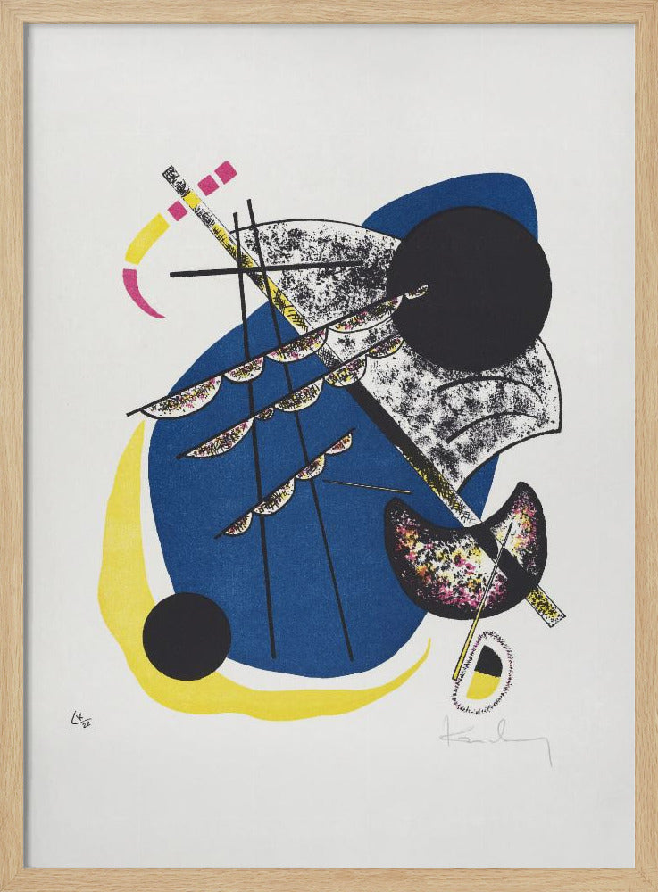 An abstract lithograph by Wassily Kandinsky in a black frame. The composition on a white background features a large central blue shape, a prominent black circle, and intersecting black lines. Accents of yellow, magenta, and speckled textures add complexity to the dynamic arrangement of geometric and organic forms. Decor