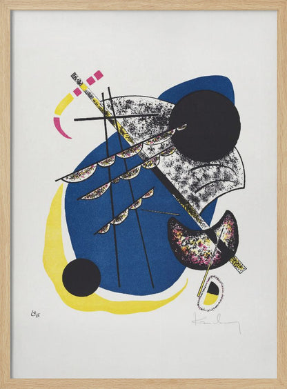 An abstract lithograph by Wassily Kandinsky in a black frame. The composition on a white background features a large central blue shape, a prominent black circle, and intersecting black lines. Accents of yellow, magenta, and speckled textures add complexity to the dynamic arrangement of geometric and organic forms. Decor