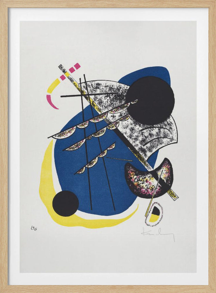 An abstract lithograph by Wassily Kandinsky in a black frame. The composition on a white background features a large central blue shape, a prominent black circle, and intersecting black lines. Accents of yellow, magenta, and speckled textures add complexity to the dynamic arrangement of geometric and organic forms. Decor