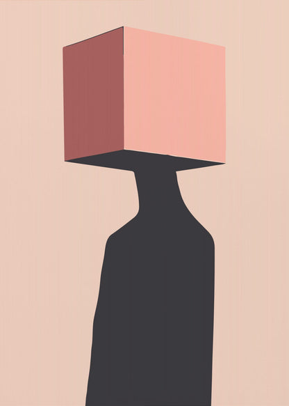 A minimalist abstract illustration of a figure with a pink cube for a head against a pale pink background. The figure is a solid black silhouette, and the cube has one side shaded in a darker, dusty rose, creating a sense of three-dimensionality. Poster