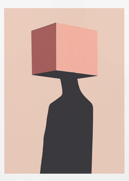 A minimalist abstract illustration of a figure with a pink cube for a head against a pale pink background. The figure is a solid black silhouette, and the cube has one side shaded in a darker, dusty rose, creating a sense of three-dimensionality. Poster