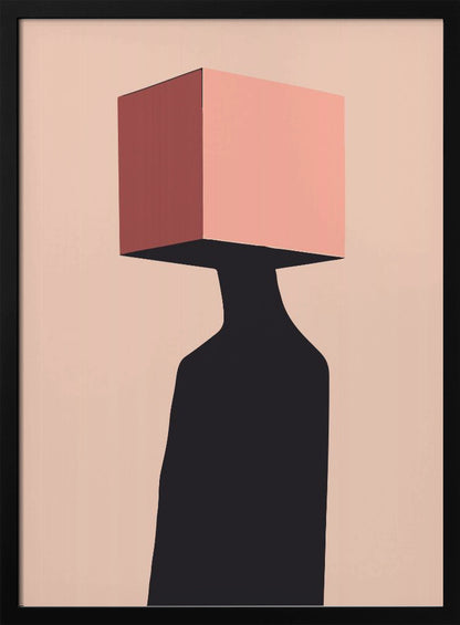 A minimalist abstract illustration of a figure with a pink cube for a head against a pale pink background. The figure is a solid black silhouette, and the cube has one side shaded in a darker, dusty rose, creating a sense of three-dimensionality. Poster
