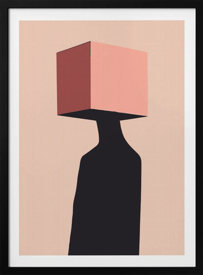 A minimalist abstract illustration of a figure with a pink cube for a head against a pale pink background. The figure is a solid black silhouette, and the cube has one side shaded in a darker, dusty rose, creating a sense of three-dimensionality. Poster