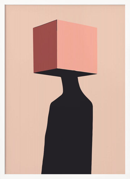 A minimalist abstract illustration of a figure with a pink cube for a head against a pale pink background. The figure is a solid black silhouette, and the cube has one side shaded in a darker, dusty rose, creating a sense of three-dimensionality. Poster
