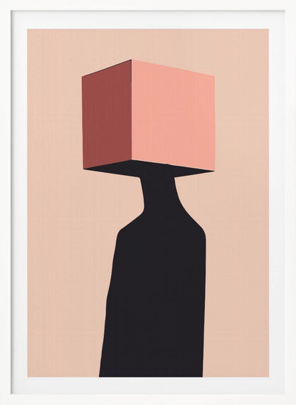A minimalist abstract illustration of a figure with a pink cube for a head against a pale pink background. The figure is a solid black silhouette, and the cube has one side shaded in a darker, dusty rose, creating a sense of three-dimensionality. Poster