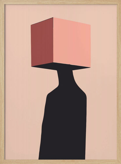 A minimalist abstract illustration of a figure with a pink cube for a head against a pale pink background. The figure is a solid black silhouette, and the cube has one side shaded in a darker, dusty rose, creating a sense of three-dimensionality. Poster