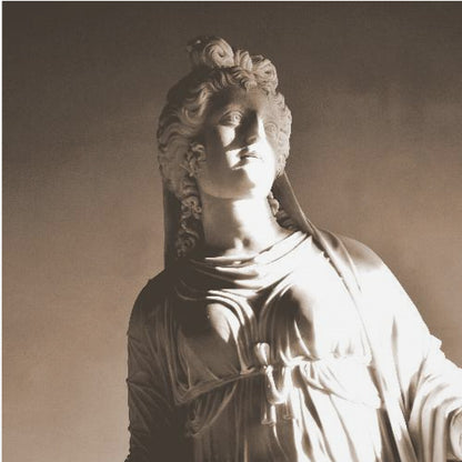 A framed, sepia-toned photograph of a classical marble bust of a woman. She looks upwards and to the side, illuminated by a strong light that casts dramatic shadows across her face and draped clothing. The photo is enclosed in a simple, light wood frame. Print