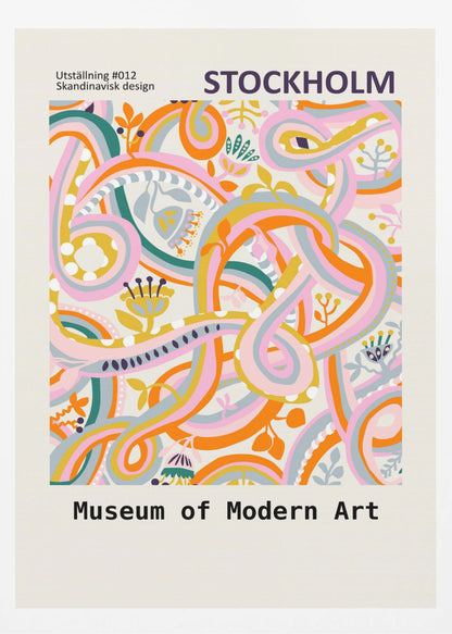 A Scandinavian design poster for the Stockholm Museum of Modern Art. The artwork features a vibrant and complex abstract pattern with intertwining ribbons and stylized floral elements in shades of pink, orange, yellow, teal, and light blue on a cream background. The poster is framed in black. Artwork