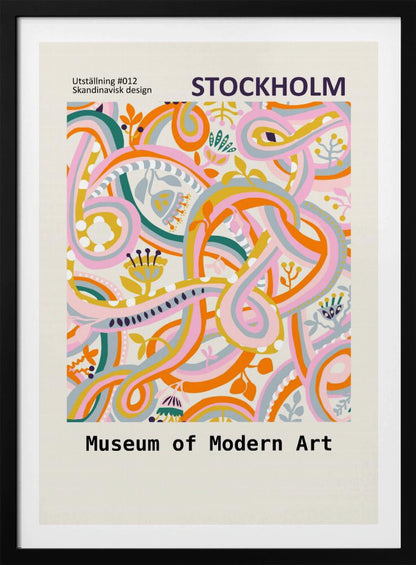 A Scandinavian design poster for the Stockholm Museum of Modern Art. The artwork features a vibrant and complex abstract pattern with intertwining ribbons and stylized floral elements in shades of pink, orange, yellow, teal, and light blue on a cream background. The poster is framed in black. Artwork