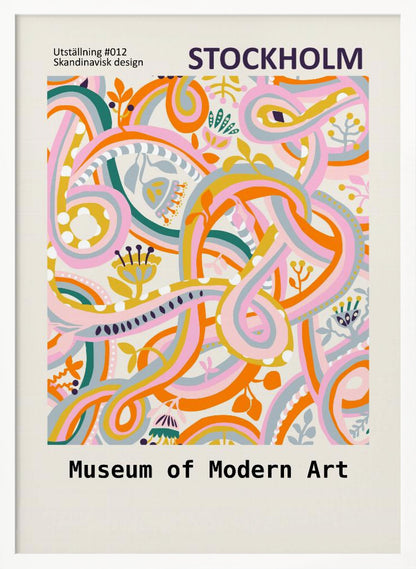 A Scandinavian design poster for the Stockholm Museum of Modern Art. The artwork features a vibrant and complex abstract pattern with intertwining ribbons and stylized floral elements in shades of pink, orange, yellow, teal, and light blue on a cream background. The poster is framed in black. Artwork