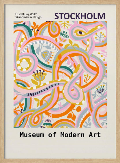 A Scandinavian design poster for the Stockholm Museum of Modern Art. The artwork features a vibrant and complex abstract pattern with intertwining ribbons and stylized floral elements in shades of pink, orange, yellow, teal, and light blue on a cream background. The poster is framed in black. Artwork