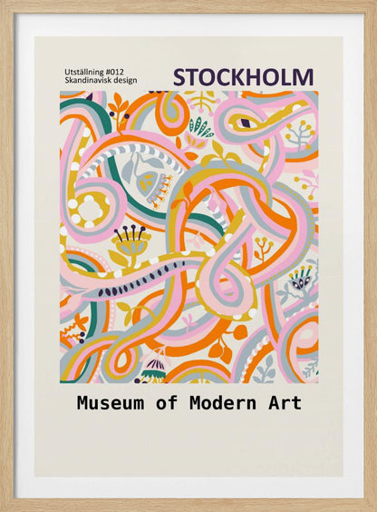 A Scandinavian design poster for the Stockholm Museum of Modern Art. The artwork features a vibrant and complex abstract pattern with intertwining ribbons and stylized floral elements in shades of pink, orange, yellow, teal, and light blue on a cream background. The poster is framed in black. Artwork